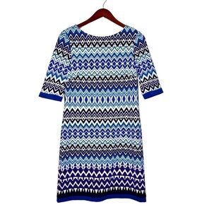 Eliza J Back Zipper Sheath Dress Size 6 in Bright Blue Geometrical Print